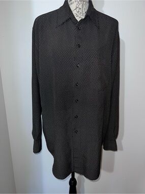 Murano 100% Silk Button Down Shirt Men’s Medium Black Geometric Dobby Print